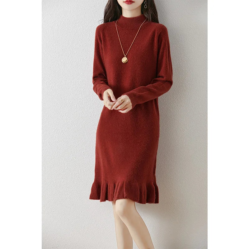 Women's Pure Wool Knitted Dress, High Collar, Pleated, Casual, Fashionable, Warm, 2024 Autumn And Winter