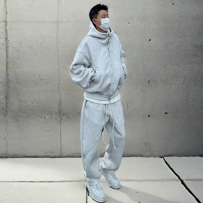 Autumn Winter Men's Casual Hoodie Sports Set Korean Fashion Loose Zip Up Hooded Sweatshirt and Sports Pants Two-piece Set