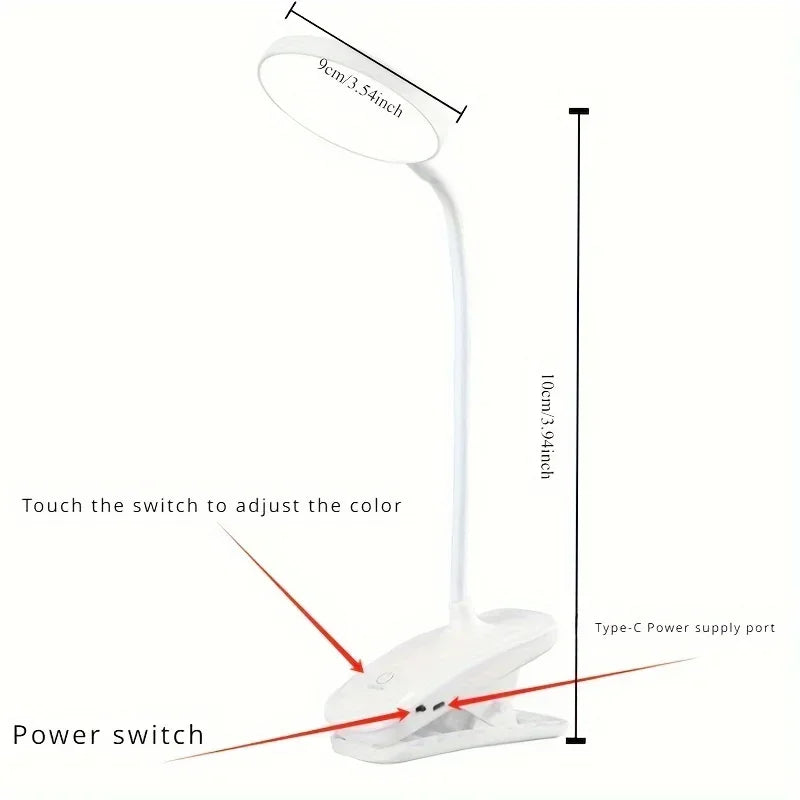 Clip LED Desk Lamp 3 Colors Dimming Eye Protection Night Light Desktop USB Rechargeable Study Bedroom Bedside Table Lamps