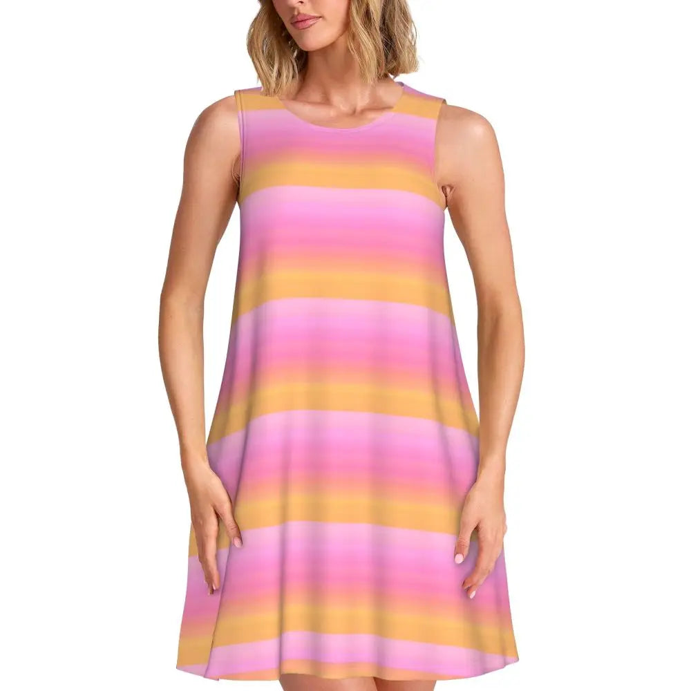 Ocean Sunset Casual Dress Palm Tree Print Sleeveless Elegant Dresses Ladies O Neck Simple Dress Day Print Clothing Birthday Gift
