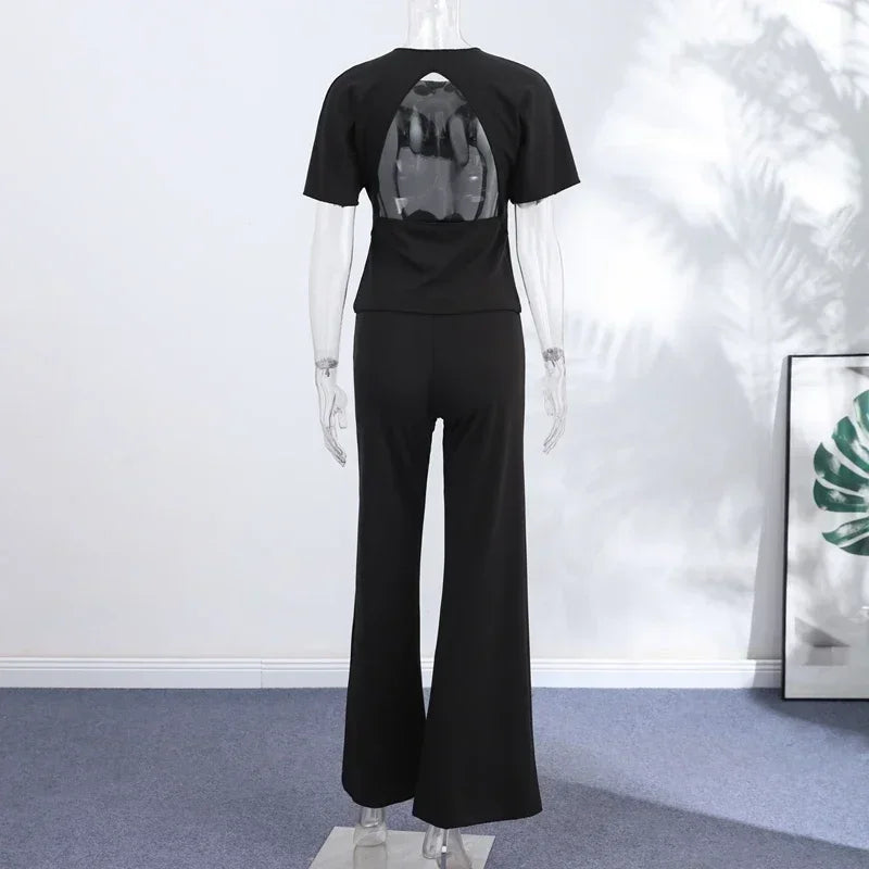 Sexy Solid Top Trousers Set Women Short Sleeve Backless Tops Long Slim Pants Sets Female 2026 Chic Summer Autumn Lady Suits New