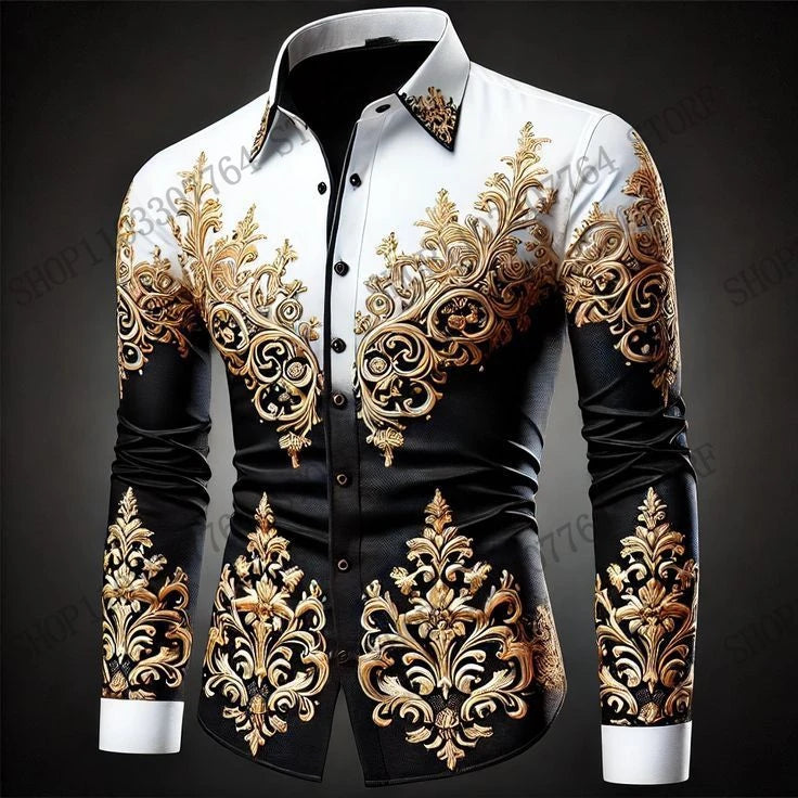 New Men's Leopard Floral Full Sleeve Shirt Golden Ethnic 3 D Print Shirt Men/Women Fashion Luxury Shirts European American Style
