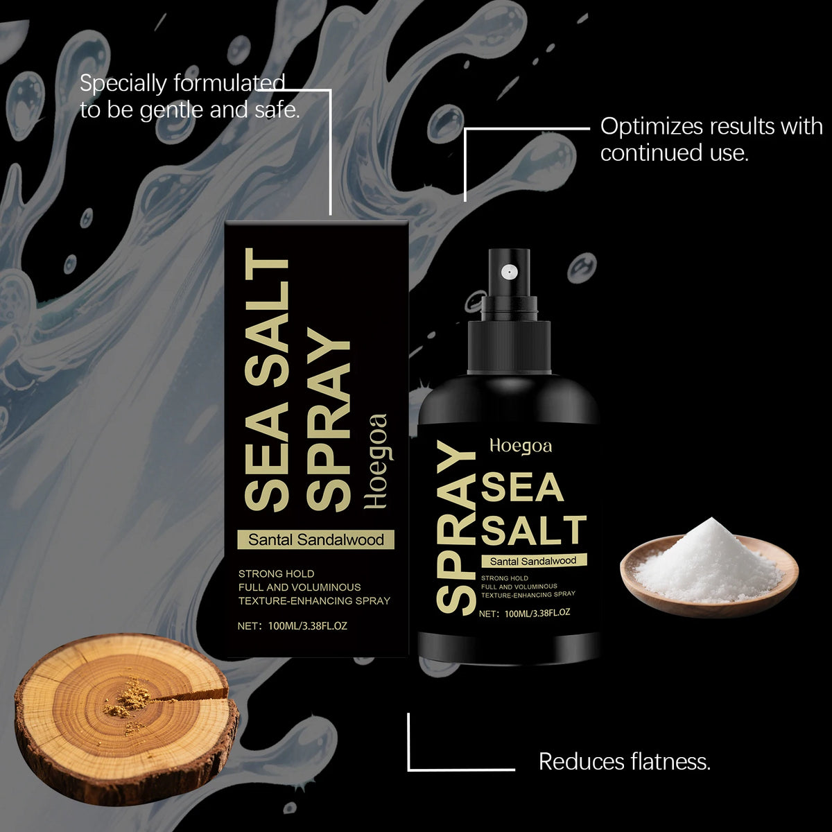 Hoegoa Sea Salt Spray for Hair Texturizer Moisturizing Hair Styling Products Sandalwood Strengthening Hair Volume Spray 100ml