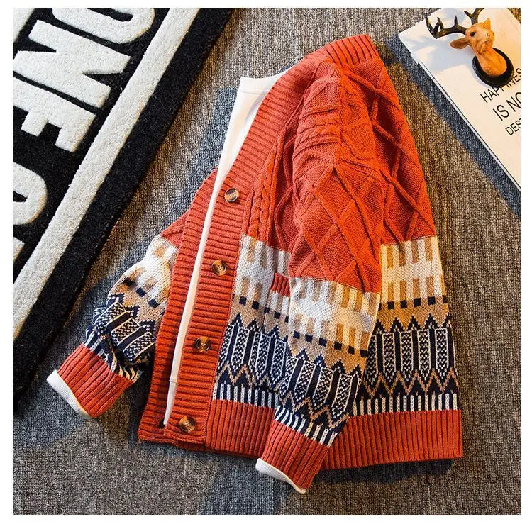 2023 New Autumn and Winter Retro Patchwork Diamond V-neck Color Matching Loose and Handsome Casual Knitted Cardigan for Men