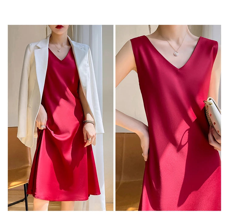LHZSYY Silk Satin Front/Back V-neck Sling Dress Women's Sleeveless Waistcoat Top Spring Summer New Mulberry Silk Hip Long Skirts