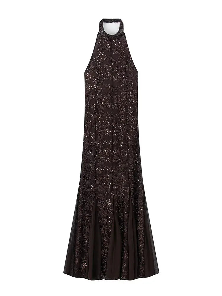 HH Woman Summer Sexy Evening Dress Women Fashion Halter Neck Sleeveless Backless Sequin Embroidered Chic Elegant Long Dress