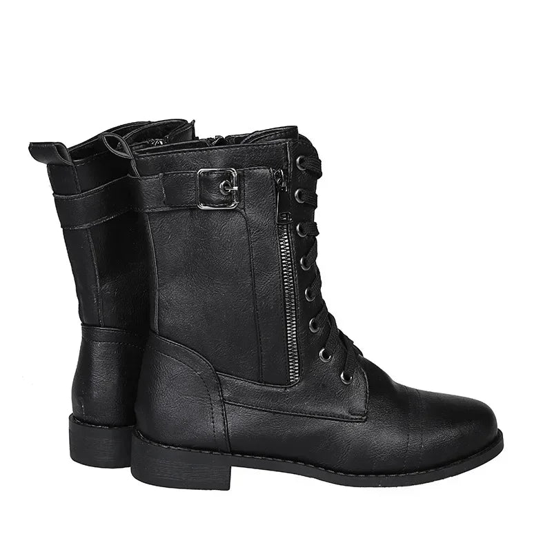 Women's Square Heels Ankle Booties  Autumn Winter PU Leather Short Work Boots Woman Plus Size Lace Up Elastic Botas Mujer 2024