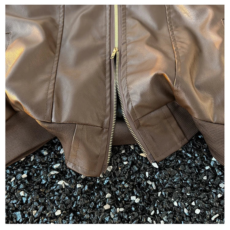 Men's Brown Leather Jacket American Retro Patchwork Striped Outerwear Youthful Style Summer Biker Coat Long Sleeve Zipper Clo...