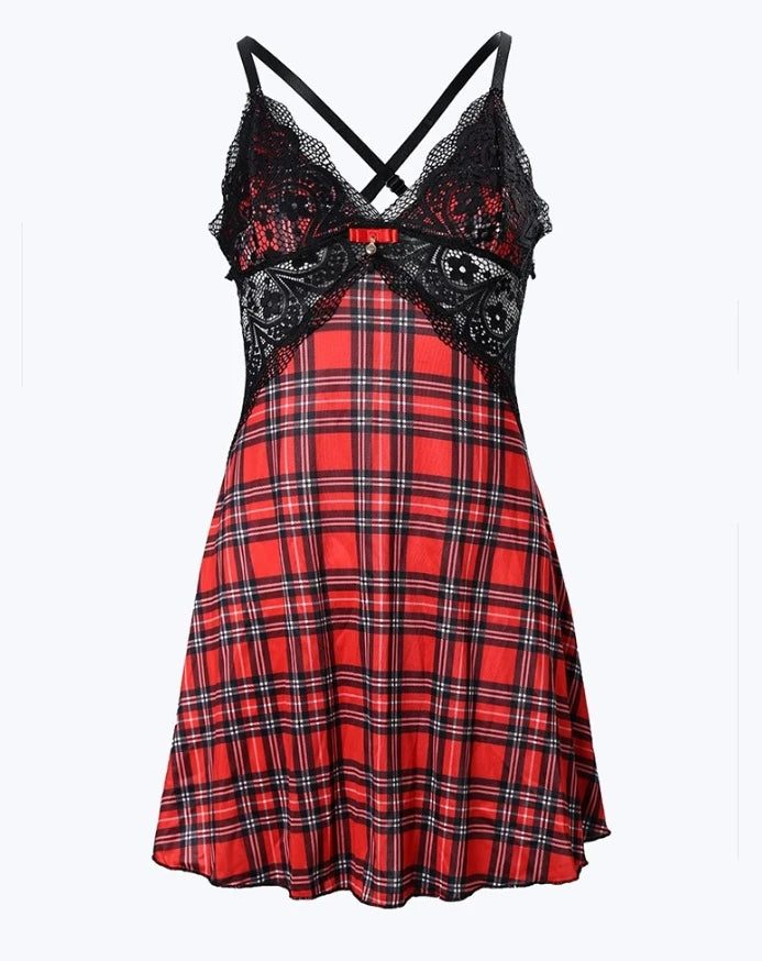 Womens Dresses 2024 Summer Plaid Print Crisscross Backless Sleep Dress Contrast Lace Plunge Sleeveless Nightgown Sleepwear