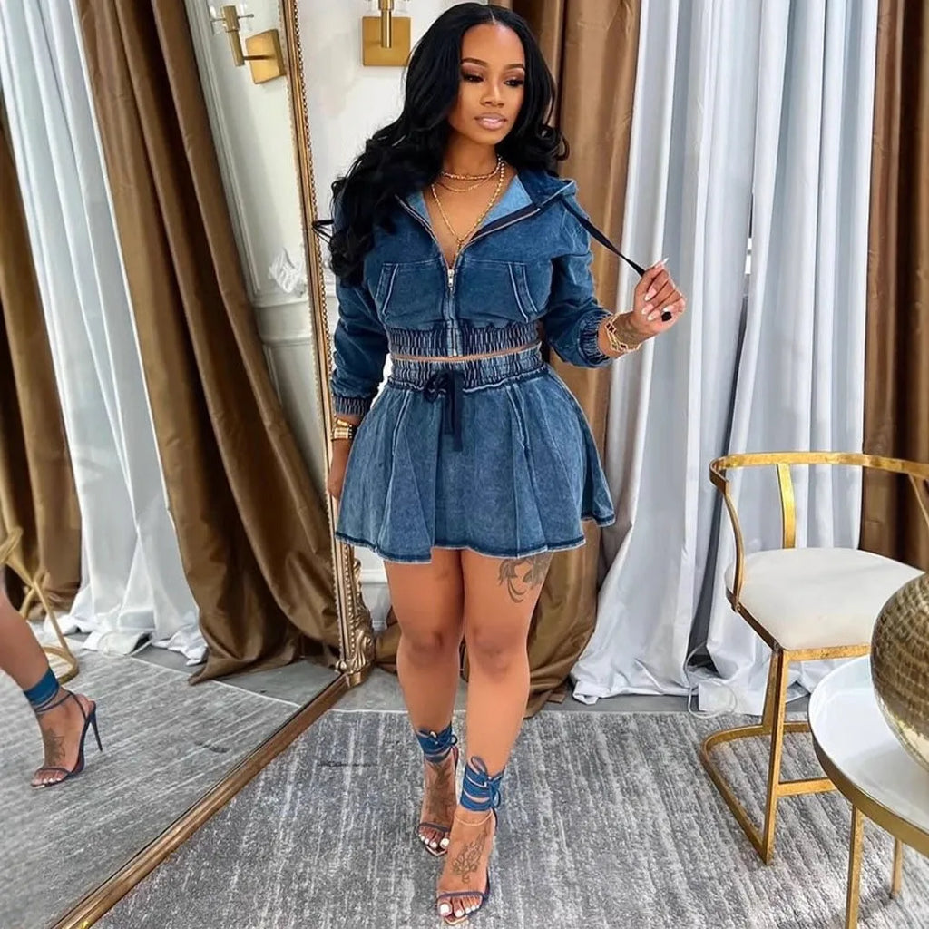 Women's Two-piece Set Dress Hooded Drawstring Denim Dresses Long Sleeve Short 3d Effect Mini Dress Crop Top Zip Front Ruched