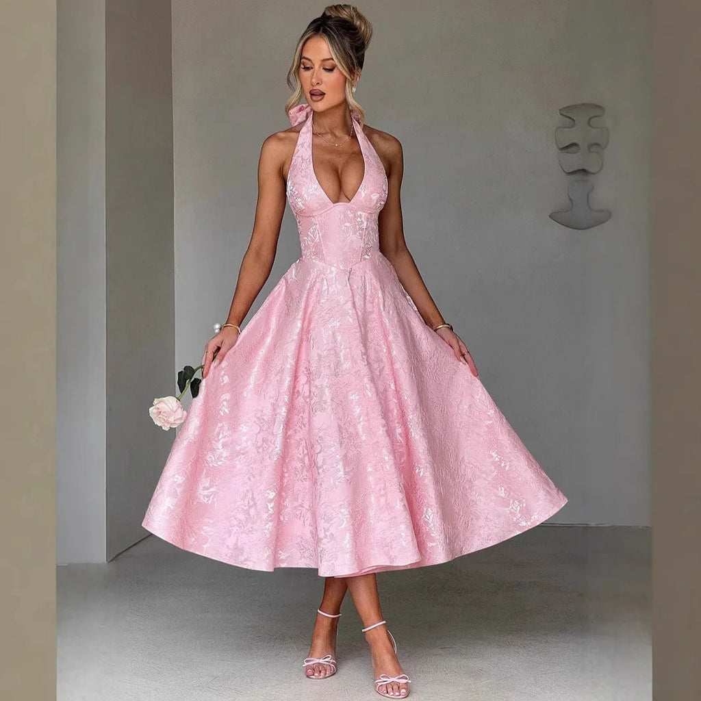 Puss Deep V-Neck Halter Dress Woman Summer Jacquard High-end evening dress Backless Elegant Patchwork Solid Party Sexy Vestidos