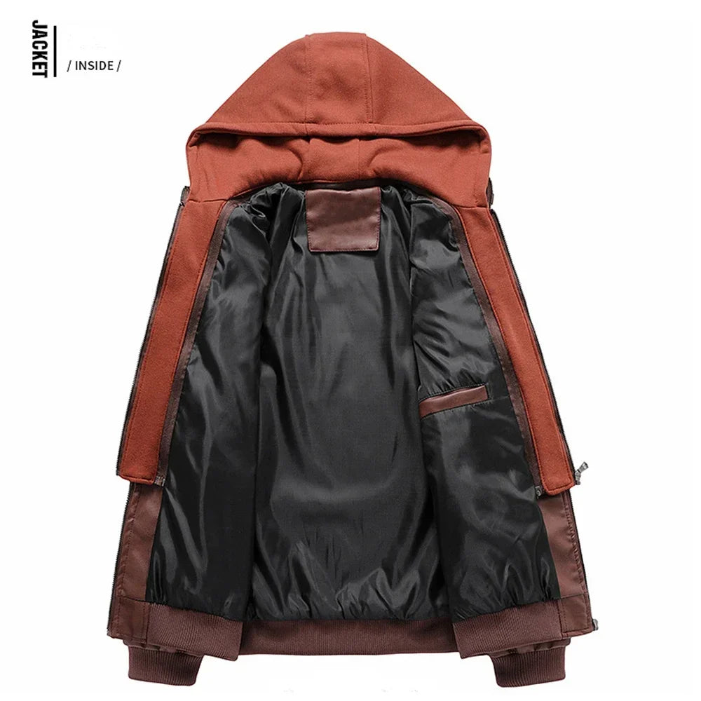 New Men's Hooded Leather Jackets Autumn Winter Casual Zipper Motorcycle PU Jacket Biker Leather Coat Hat Detachable Punk Outwear