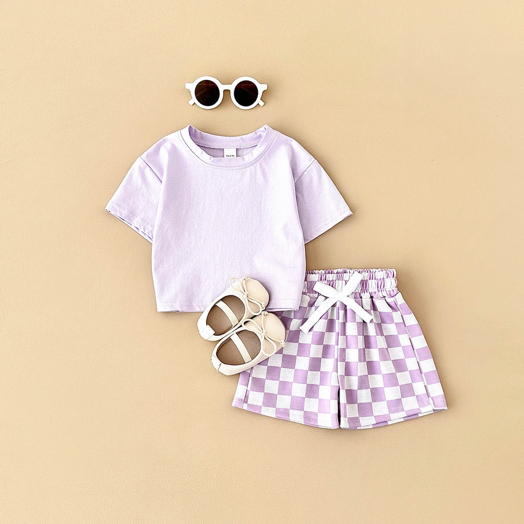 2PCS Kids Clothes Baby Boys Girls Solid Color Short Sleeve T-shirt Plaid Pattern Shorts Sets Baby Clothing Sets 0-3Y