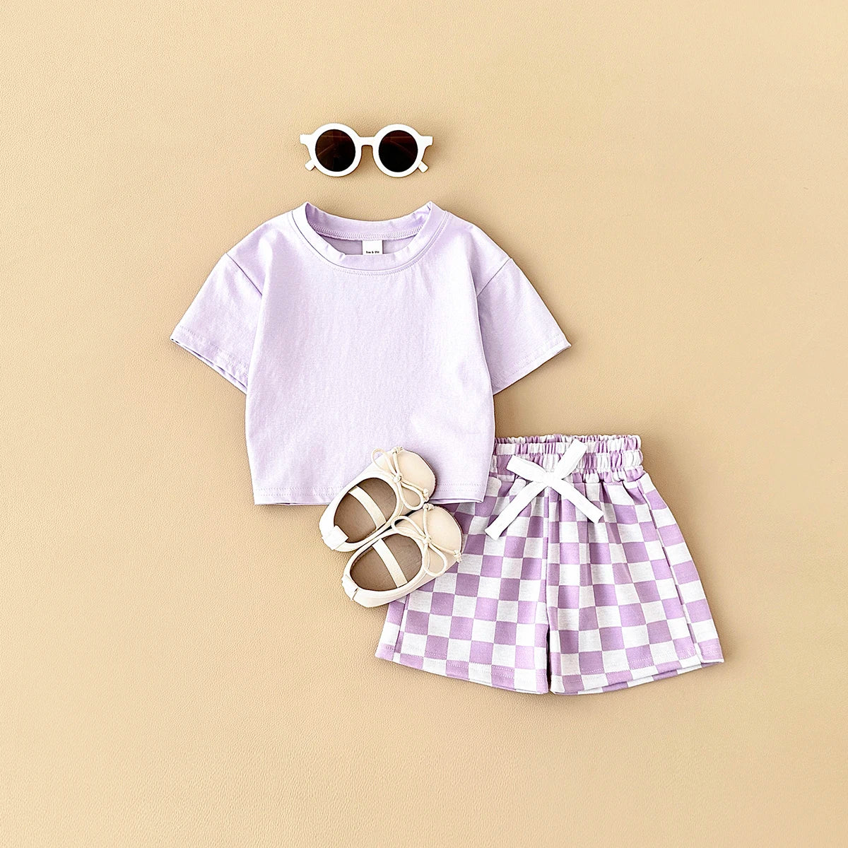 2PCS Kids Clothes Baby Boys Girls Solid Color Short Sleeve T-shirt Plaid Pattern Shorts Sets Baby Clothing Sets 0-3Y