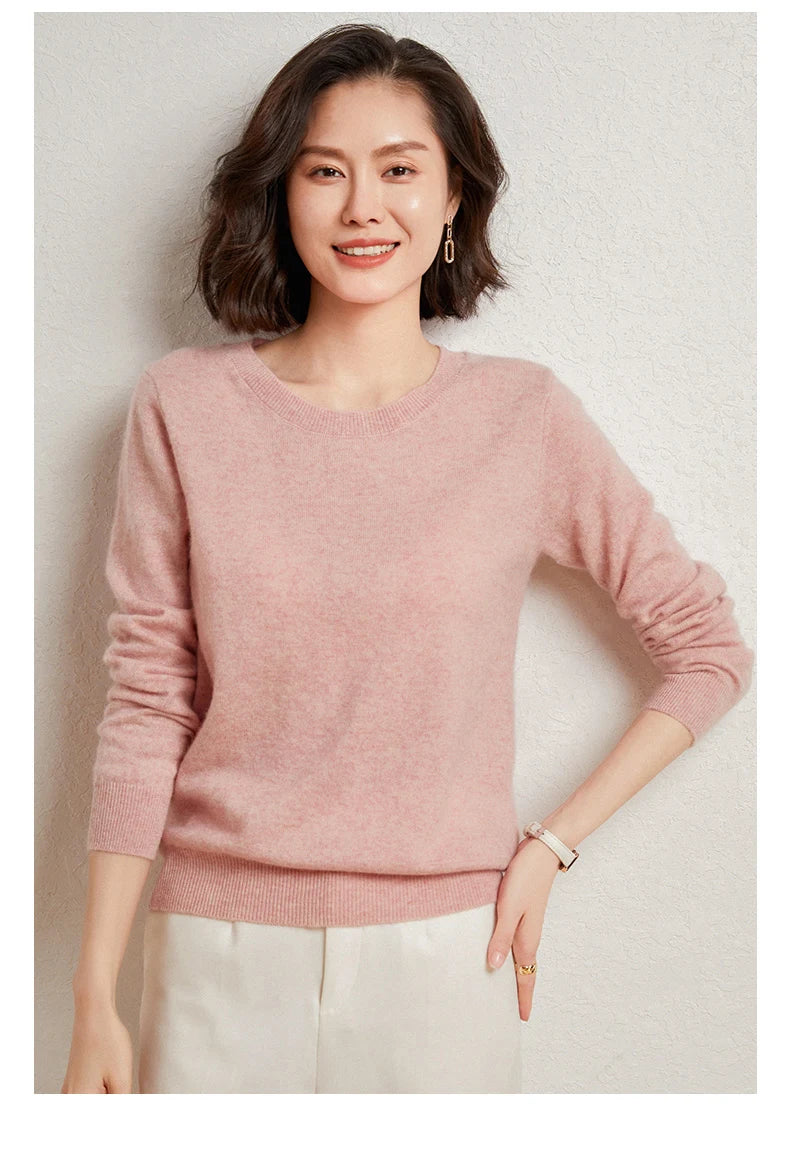 100%Merino Pure Wool Pullover Sweater For AutumnWinter Women's Round Neck Warm High-Quality Solid Color Basic Knitted Jumper Top