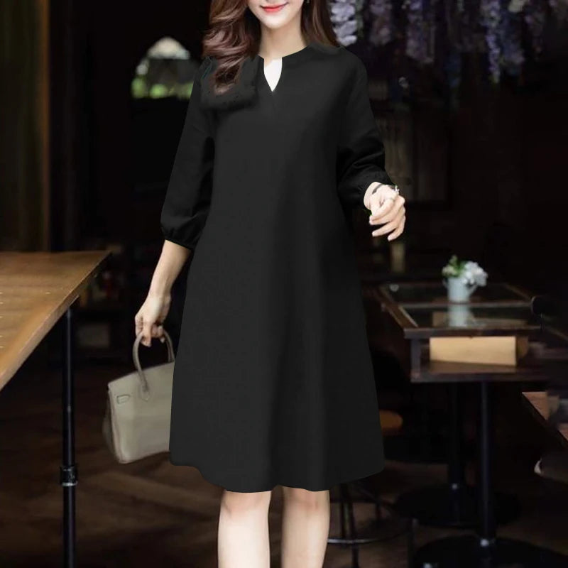 2025 ZANZEA Fashion Women V Neck 3/4 Sleeve Dress Autumn Sundress Elegant Solid OL Work Dresses Casual A Line Loose Vestido Robe