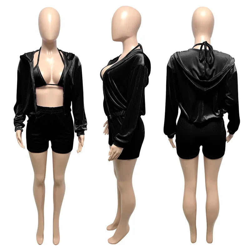 Velvet Tracksuit 3 Piece Set Women Fall Outfits Zipper Hoodies Jacket + Bra + Shorts Sets Sporty Matching Sets Jogging Femme