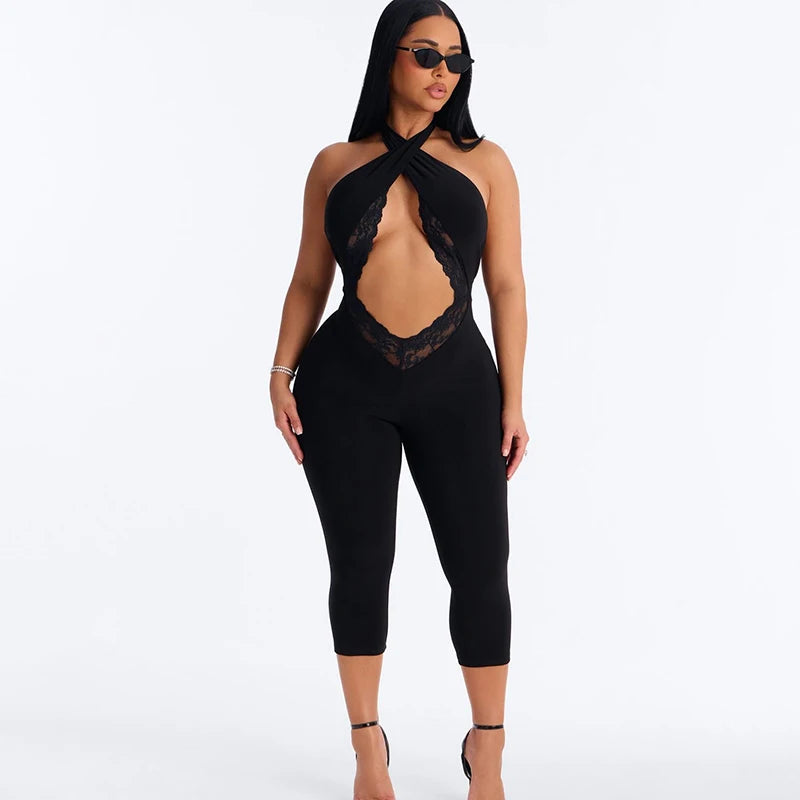Sexy spicy girl style solid color hollow neck strap seven part jumpsuit