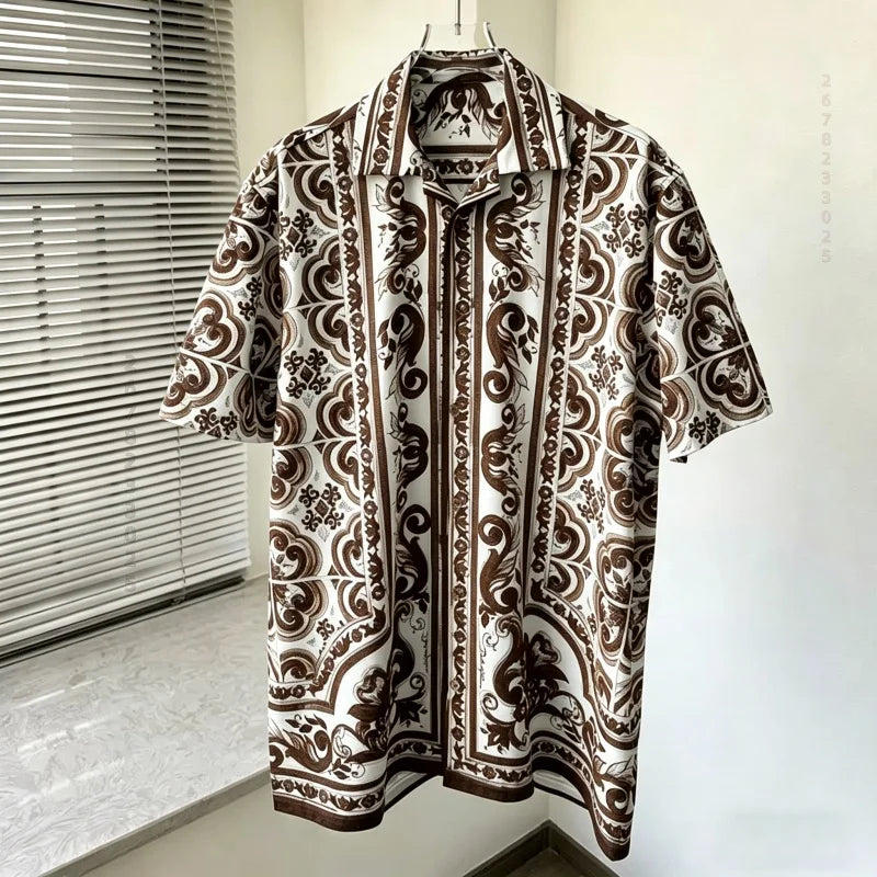 Men's shirts, summer Baroque printed shirts, loose oversized retro short sleeved shirts, vacation style versatile men's tops