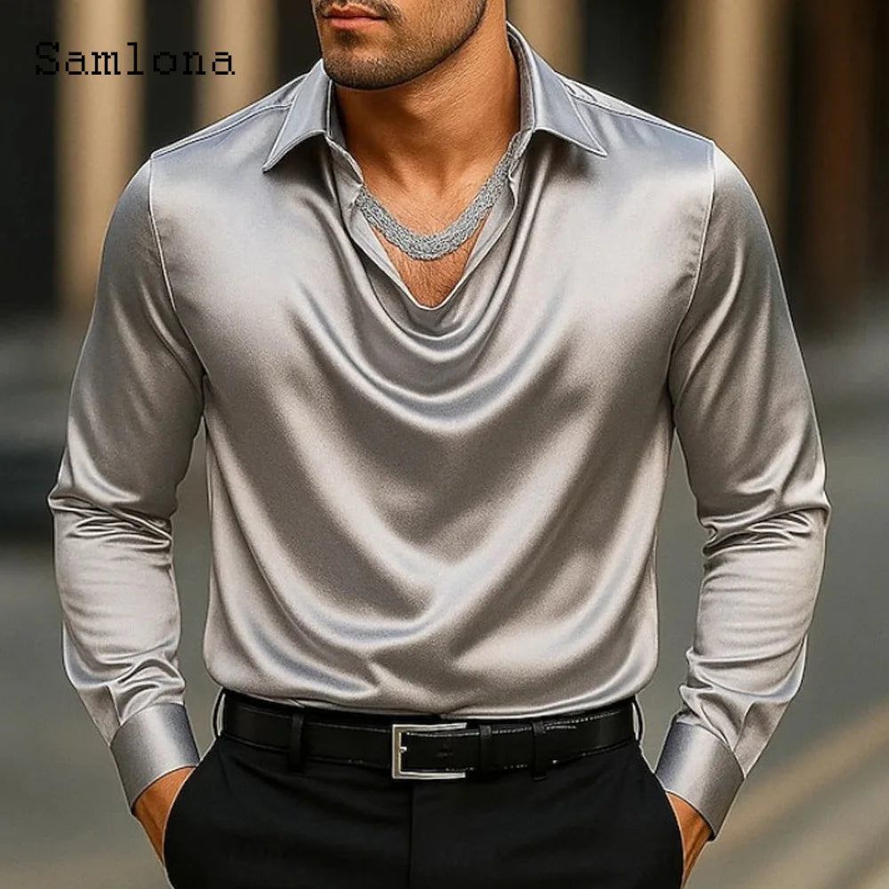 Men Long Sleeves Notched Shirt Clothing 2025 European Fashion Basic Top Solid Silver Gold Blouse Mens Casual V-neck Shirts Homme