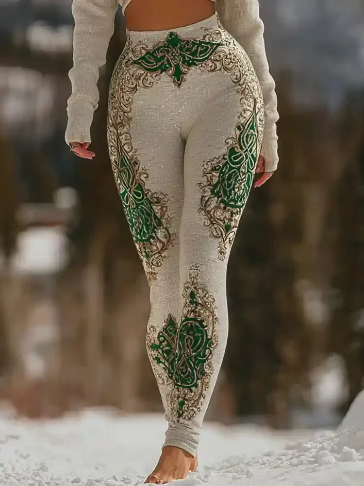 Shopfull Women's Green Forest Graphics Leggings 2026 Outdoor Trousers Stretch Elastic Waist Control Streetwear Polyester Spandex
