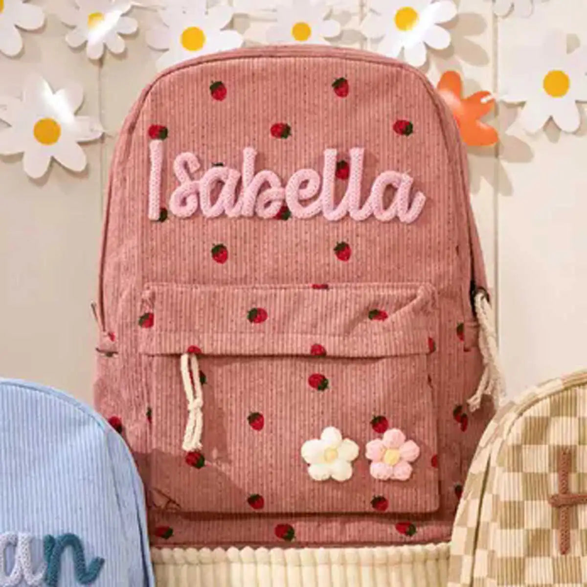 1pc Personalized Corduroy Backpack, Strawberry/Checkered Pattern, Simple and Spacious, Perfect Back-to-School Gift
