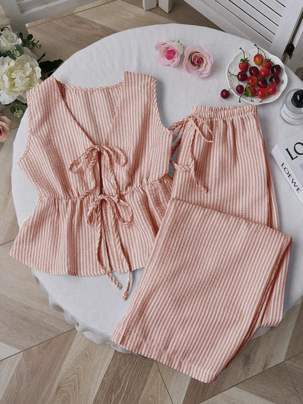 Women's Summer Striped Lace-up 2 Piece Outfits Tie Front Ruffle Lightweight Sleeveless Tank Top and Wide Leg Pants Lounge Sets