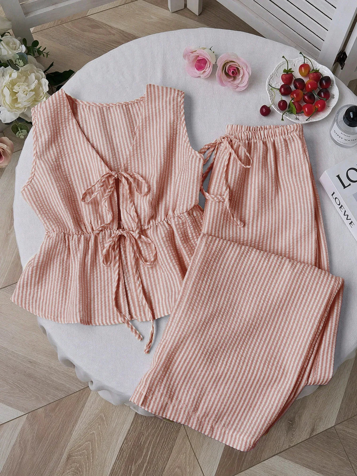 Women's Summer Striped Lace-up 2 Piece Outfits Tie Front Ruffle Lightweight Sleeveless Tank Top and Wide Leg Pants Lounge Sets