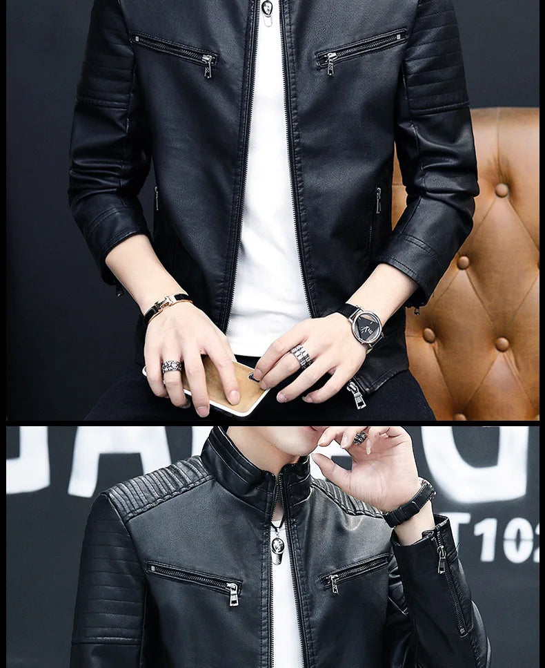 Winter Stand Collar Zip-Up Pocket PU Leather Jacket Men's Slim Business Casual
