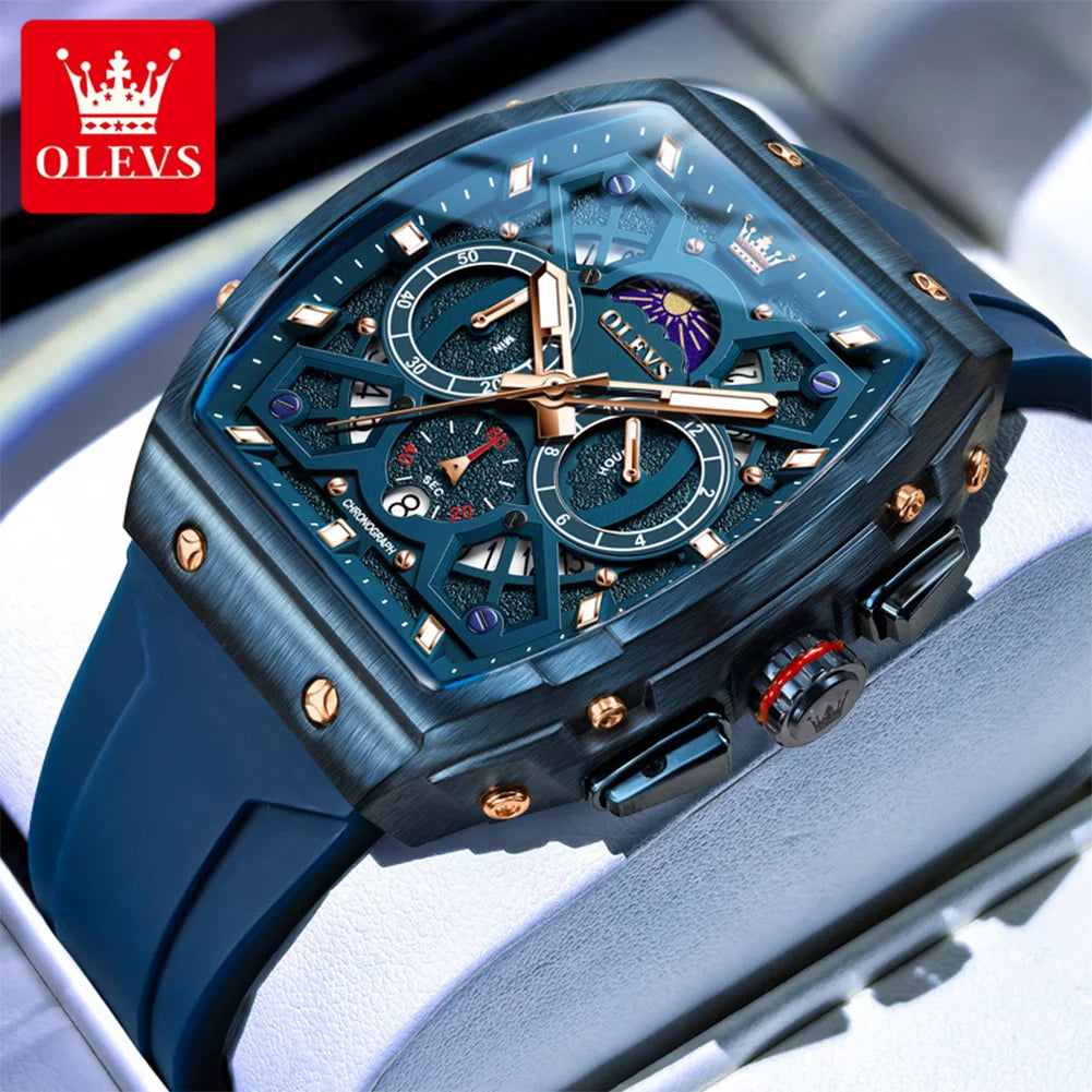 OLEVS 2942 Men Watch Automatic Calendar Waterproof Luminous Moonphase Watch Top Brand Tonneau Large Dial Hollow Men Quartz Watch