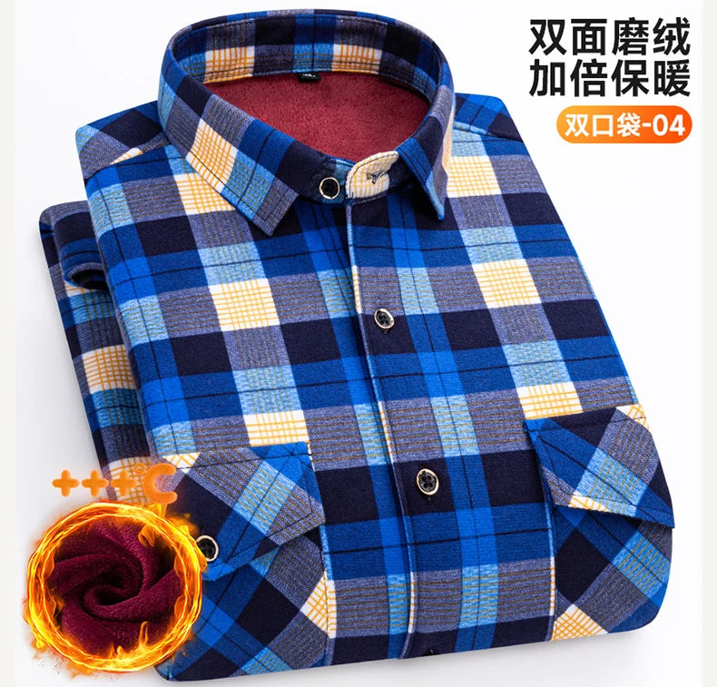 2025 Autumn Winter Men's Fashion Plaid Striped Print Shirts Double-sided Fleece Long Sleeve Thick Warm Shirts Soft Big Size 7XL