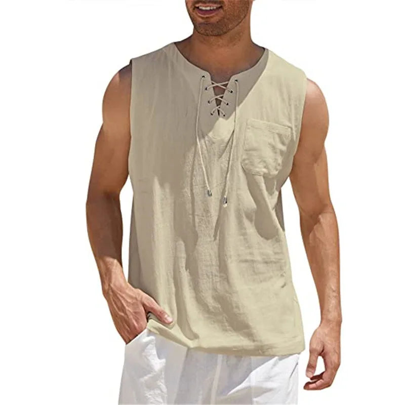 New 2026 Men's Casual Cotton Linen Tank Tops Men Drawstring V Neck Sleeveless Shirts Summer Casual Shirt Gym Fitness Vest Tops
