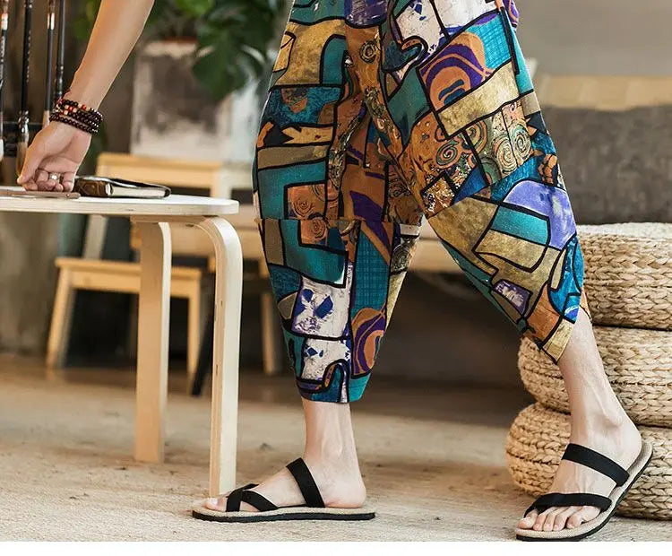 Men's Casual Cotton Linen Seven-Foot Pants Summer plus Size Lantern Loose Fit Shorts Harlan Style Comfortable Breathable Leis...