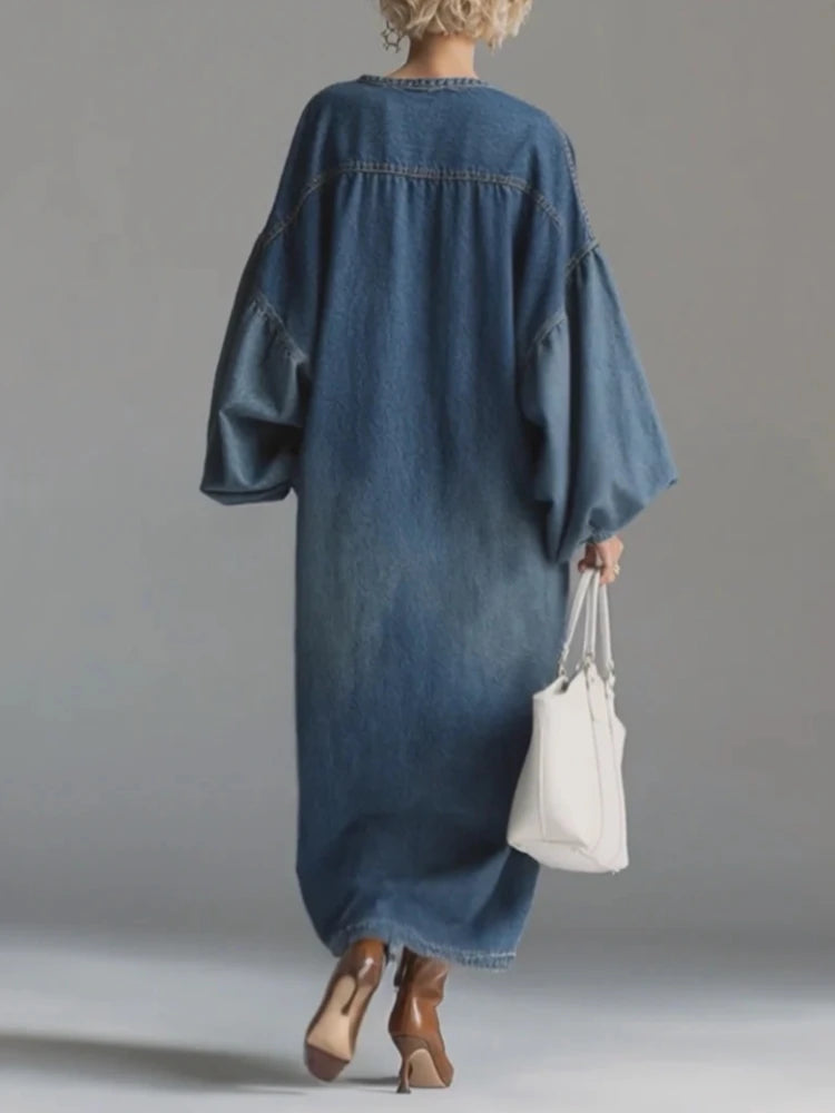 Chic Casual Vintage Denim Dress Loose Long Sleeve Big Pockets Single-breasted V Neck Robes Lantern Sleeve Maxi Dress Vestidos