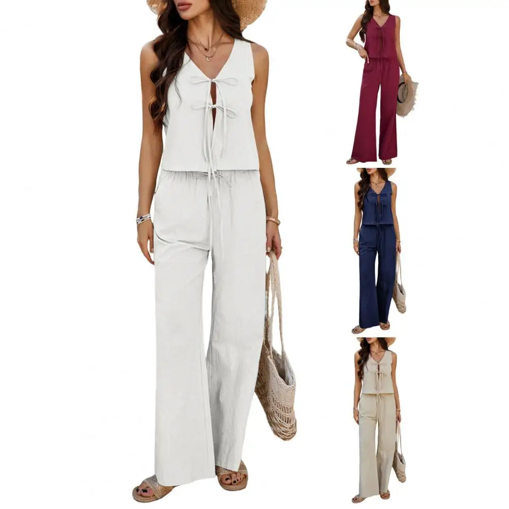 Women's Summer Comfortable Casual Simple Solid Color Two-piece Set Fashion Sleeveless V-neck Strap Short Top Wide-leg Pants Sets