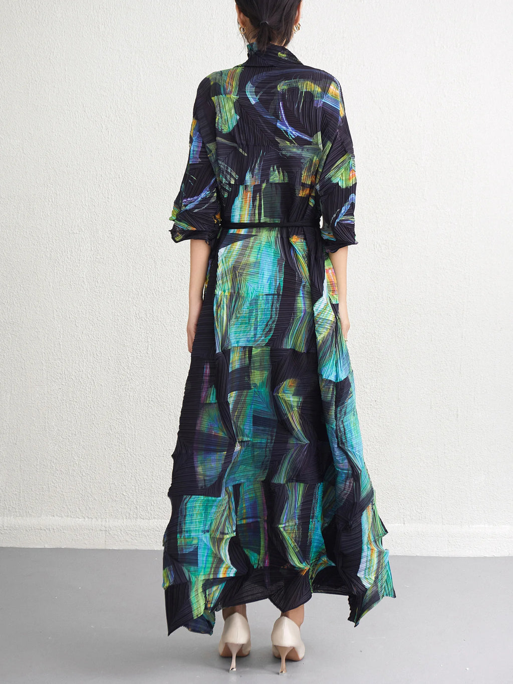 Miyake Fold 2025 Spring New Dress Women's Irregular Print Fold Waist Advanced Sense Dress