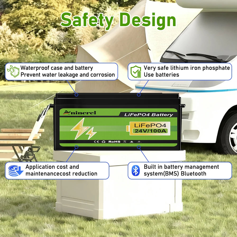 Aninerel  24V 100Ah 2560Wh Lithium LiFePO4 Battery with 100A BMS Perfect for RV Golf Cart Solar Power System Trolling Motor