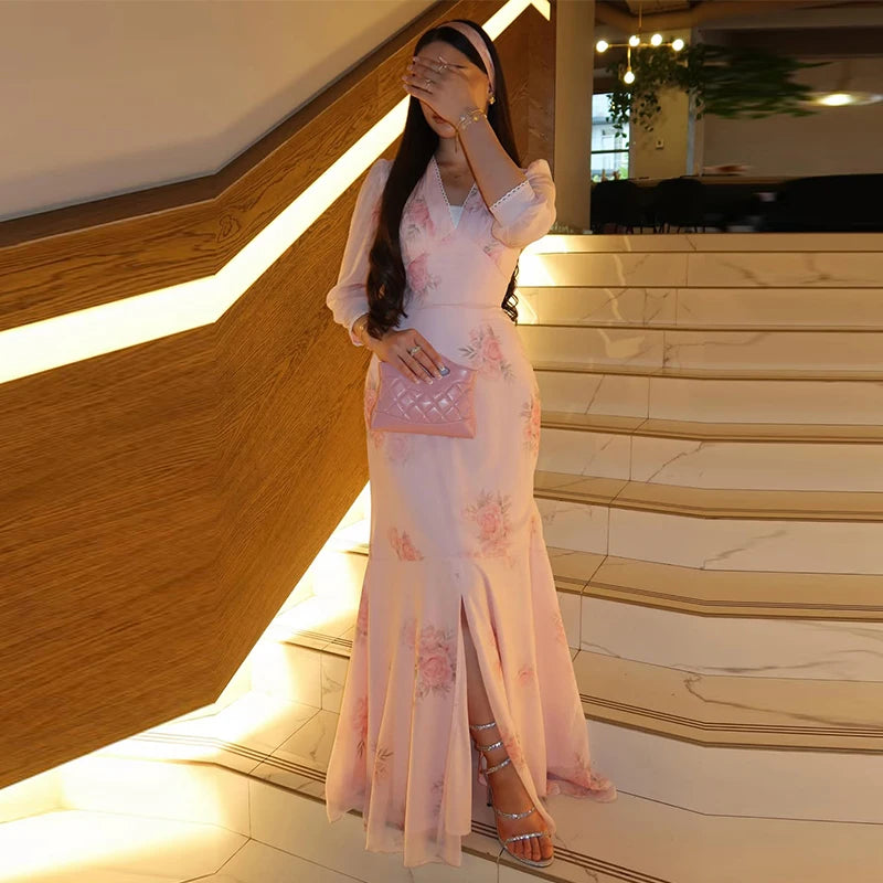 Elegant Print Women Long Dress Chic Ruffle Pleated Short Sleeve V-neck Waist-Closed Female Dresses 2026 Summer Beach Lady Robe