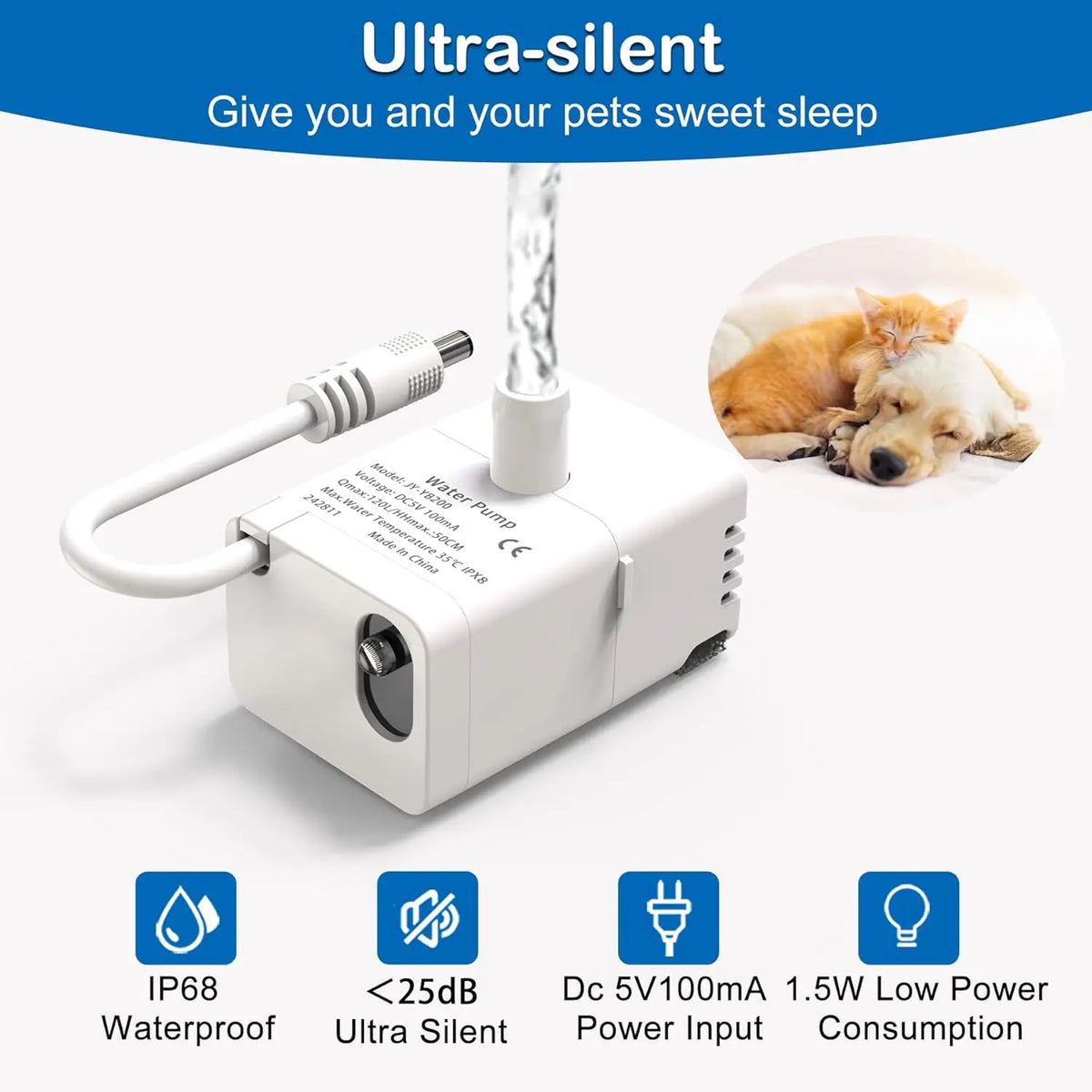 Cat Fountain Replacement Pump, LED Auto Power Off Light, Ultra Quiet Filter Pump Fit 2.2L/3.2L Smart Pet Water Dispenser