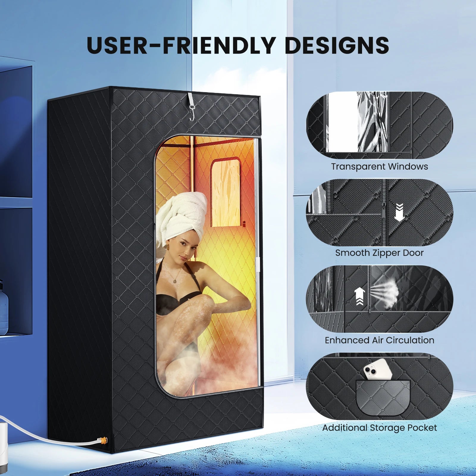 Portable Steam Sauna Tent Room with Steamer 1000W 2.6L Steam Generator Single Person Sauna for Relaxation Detox Home Spa