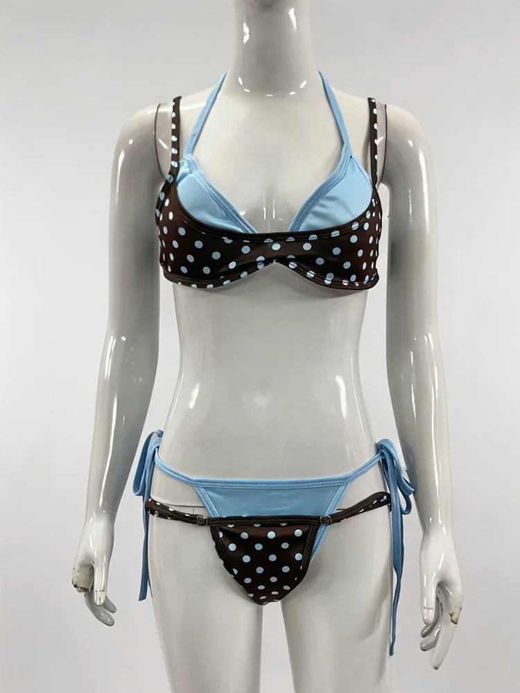 2026 Summer Polka Dot Bikini Set Women's Blue Contrasting sexy Spicy Girl Retro Polka Dot Vacation Swimsuit Lace up Split Swimsu