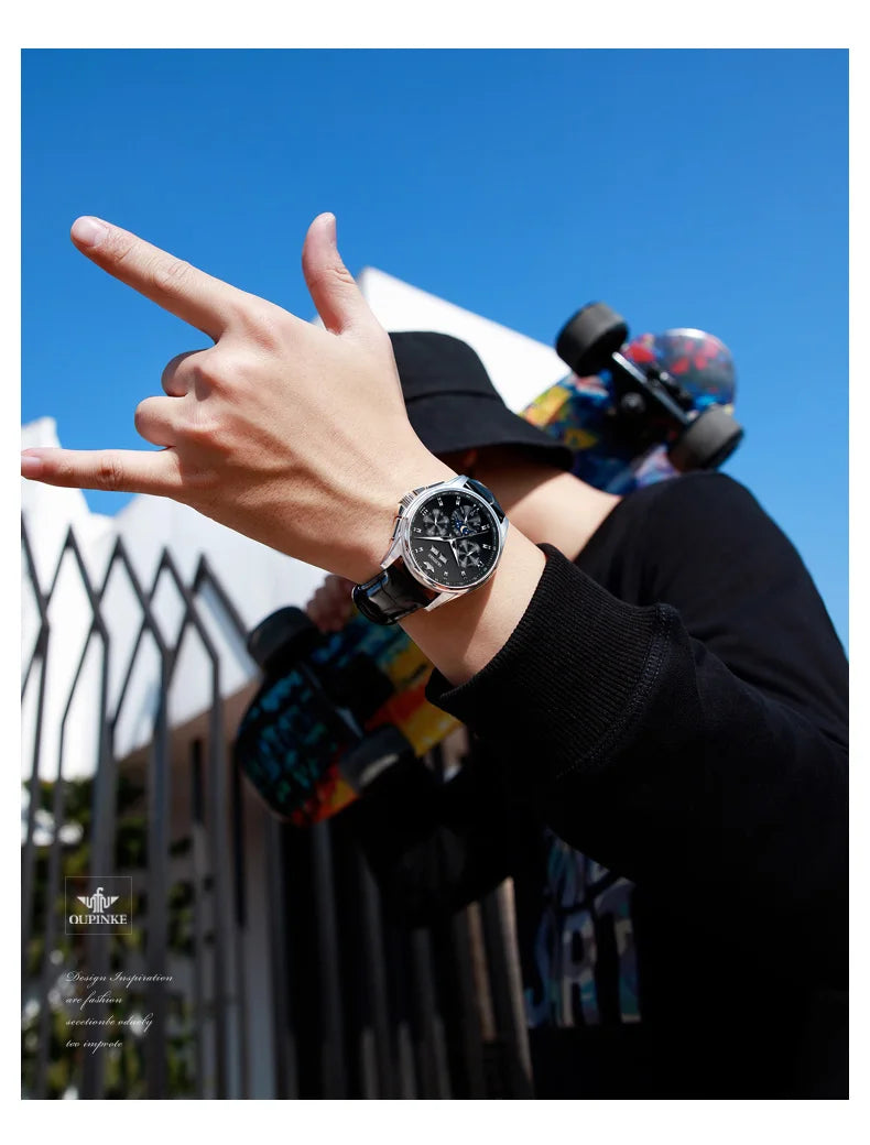 OUPINKE 3189 Automatic Watch for Men Genuine Leather Strap Waterproof Moon Phase Man Watches Luxury Men's Mechanical Wristwatch