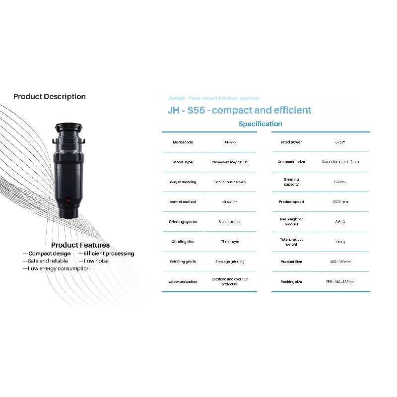 Airo Electric Compact 0.5 HP Continuous Kitchen Garbage Disposal Economic Silent Food Waste Disposer Stainless Steel Home
