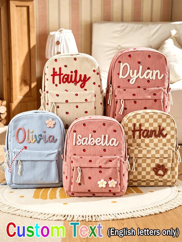 1pc Personalized Corduroy Backpack, Strawberry/Checkered Pattern, Simple and Spacious, Perfect Back-to-School Gift