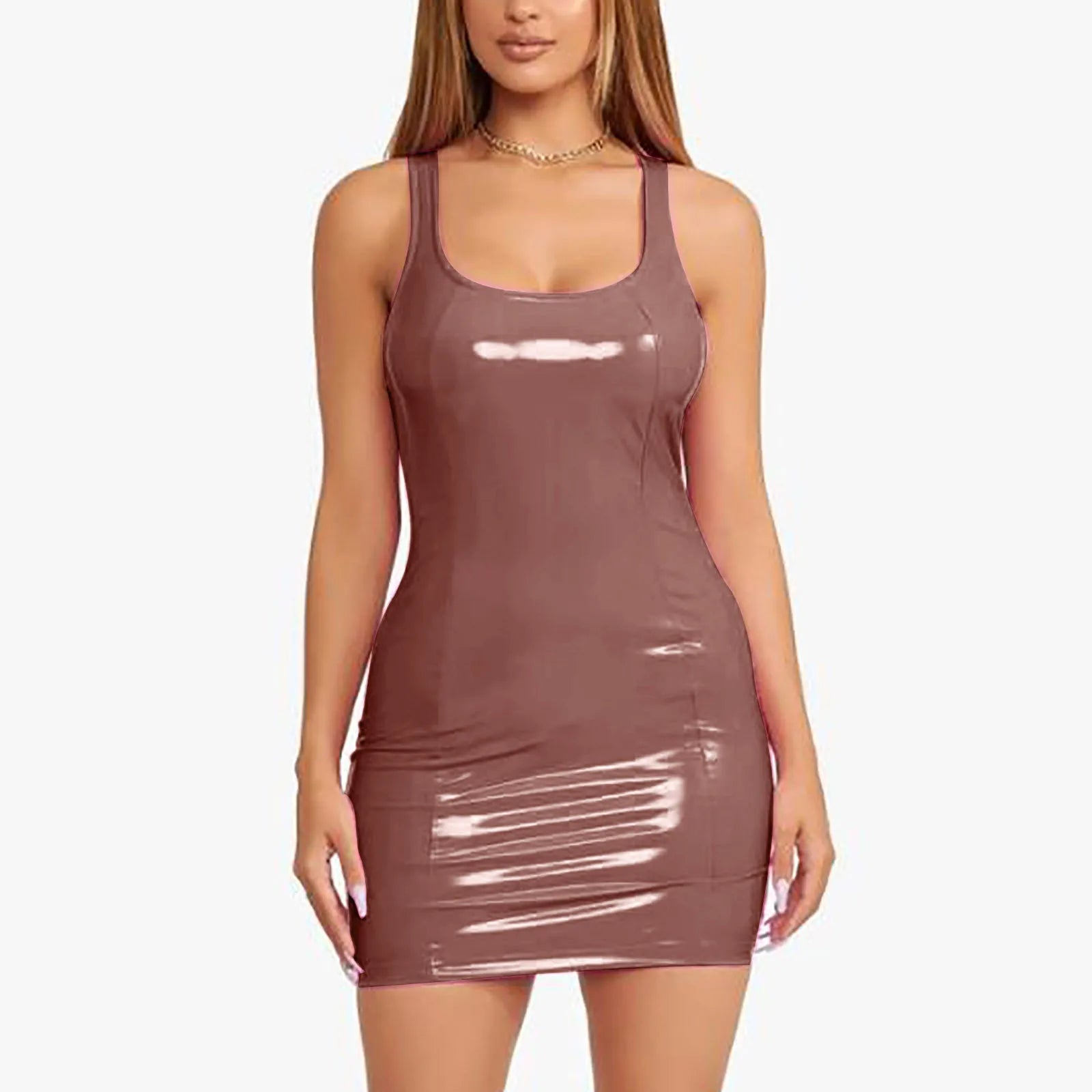 Women's Colorful Leather Dress Zipper PU High Elastic Round Neck Dress Short Skirt Elastic Leather Dress Wrapped Hip Sundress