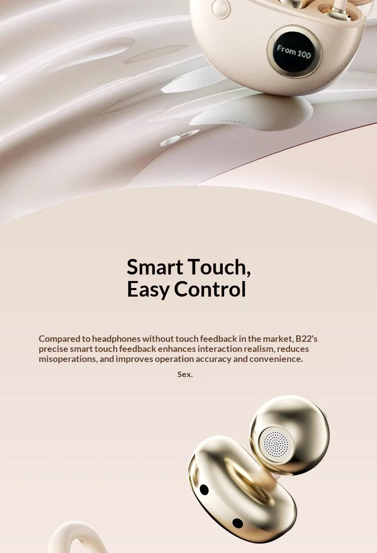 Clip-on Earphones Wireless Bluetooth Earbuds Hi-Fi Sound Super Long Battery Life Digital Display Noise Reduction Secure Fit