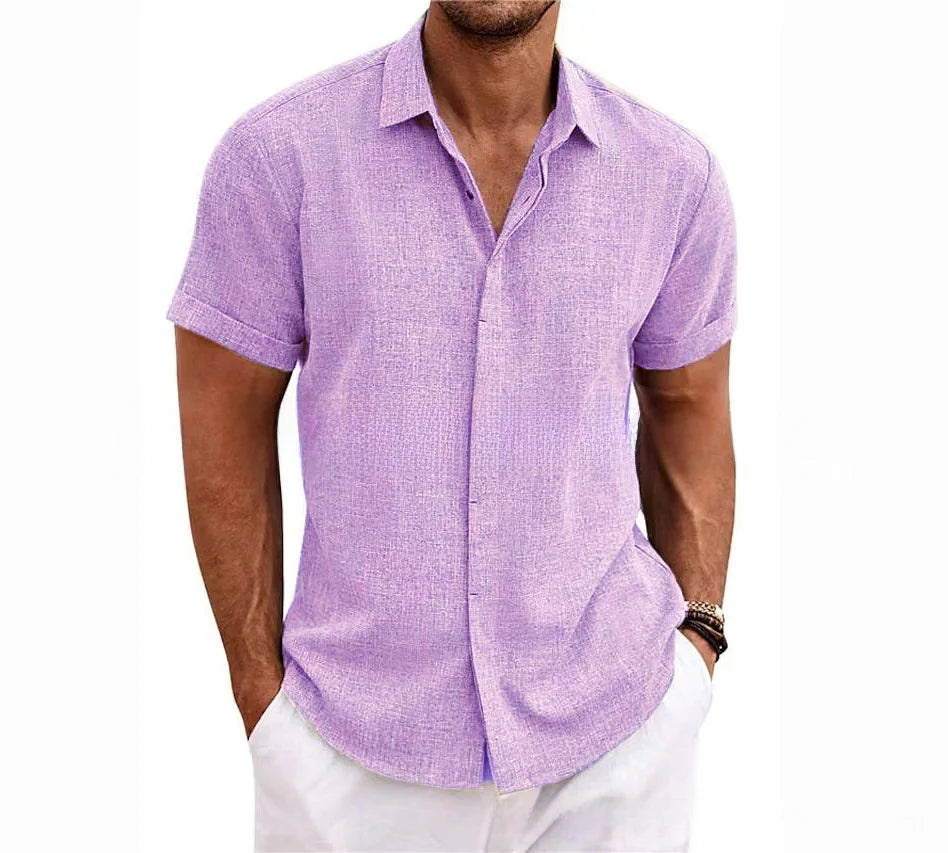 Men's Casual Beach Lightweight Linen Sve Shirt Color Standard Fit Short Sleeve Cleanfit PU Leather Inner Wear Pure Color