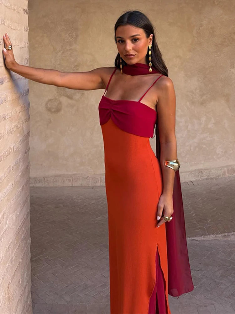 2026 Summer Elegant Maxi Slip Dress Twist Front Spaghetti Strap Slit Bohemian Wedding Guest Cocktail Party Vacation Women Gown