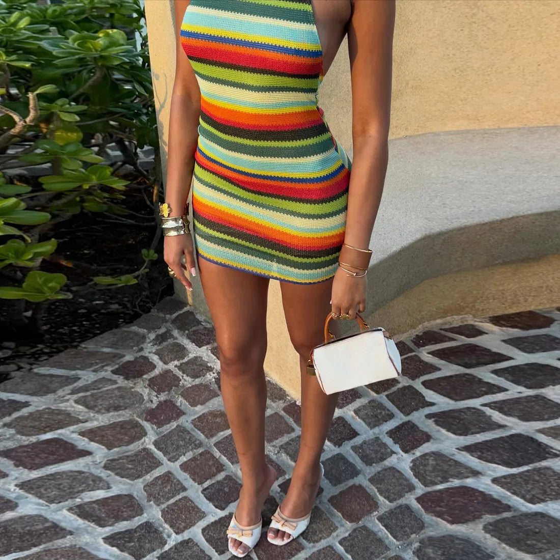 Cryptographic Striped Knit Halter Mini Dress Colorful Contrast Sleeveless Backless Summer Casual Clubwear Bodycon Short Dresses