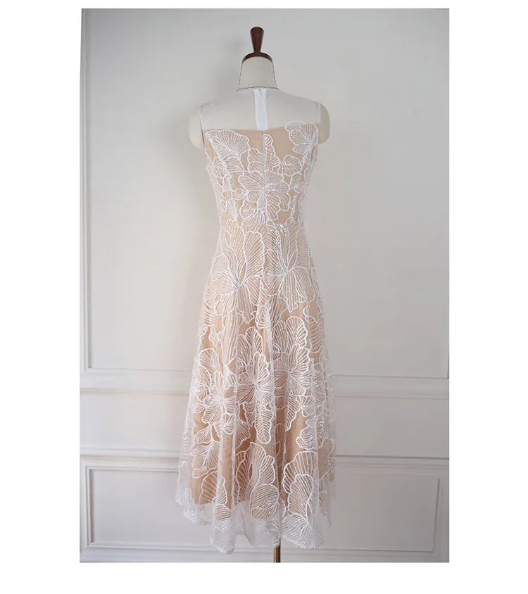 Fashion Slim O-Neck Long Party Casual Dress Hot Sale Summer Dresses Korean Retro Sleeveless Mesh Embroidery Vestidos